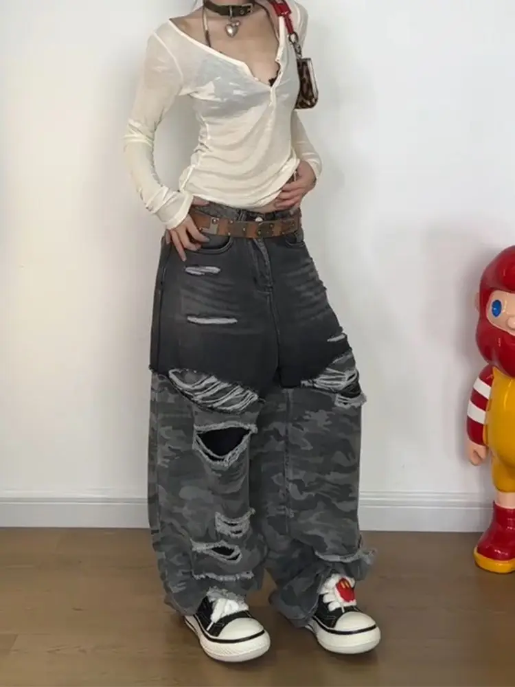 Schwarze und graue gespleißte Camouflage-zerrissene Jeans für Damen Y2k American Retro Washing Frühling und Herbst Neue Bodenhosen mit hoher Taille