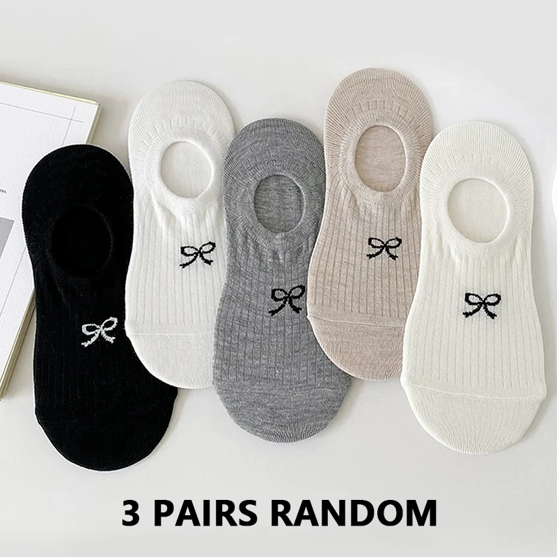 

3/6 pairs Women Thin Dot Yarn Bowknot Summer Breathable Anti-heel Fall Off Pure Cotton Simple Low-cut Shallow Invisible Sock