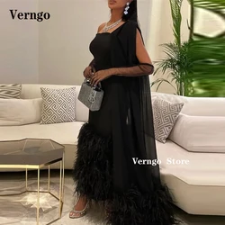 Verngo Luxury Black Ostrich Feathers Dubai Arabic Women Evening Dresses One Shoulder Long Sleeve Ankle Length Formal Prom Gowns