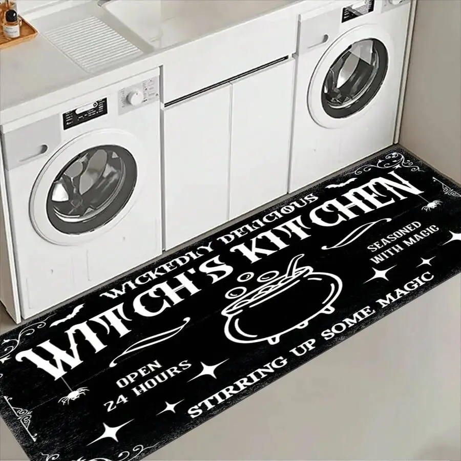 VIKAMA 1/2pcs Halloween Kitchen Rug Witch Outdoor Non-Slip Doormat Gothic Home Decor Laundry Room Hallway Rug Rag