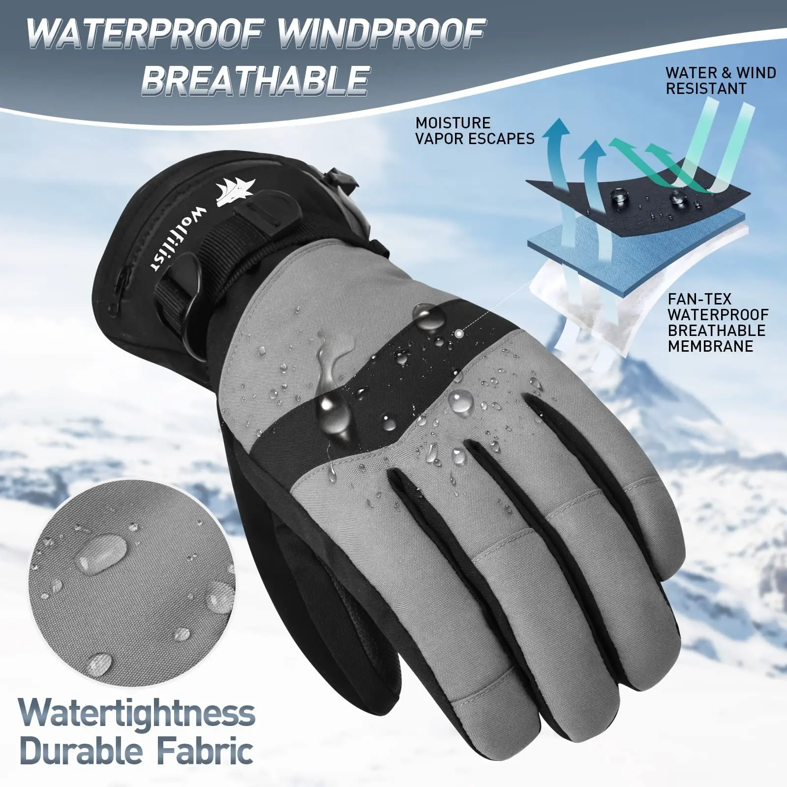 WOLFILIST Gants de ski imperméables et coupe-vent - Gants de neige chauds isolés Thinsulate 3M avec poche zippée