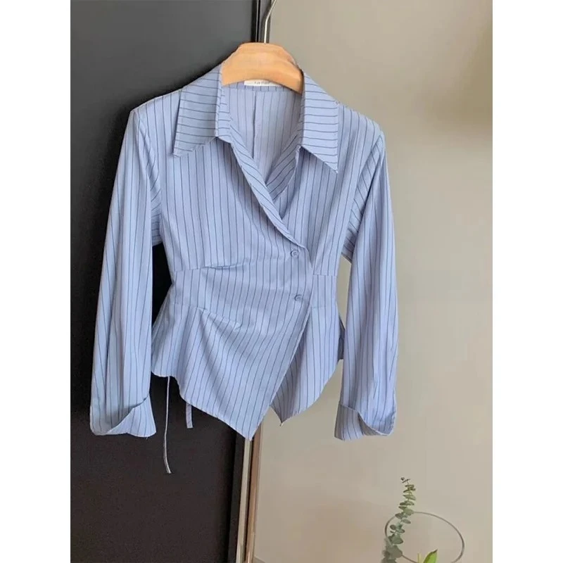 2025 Autumn New Korean Edition Fashionable Design Irregular Waist slimming Fashionable Striped Shirt Top versatile Women's Wear