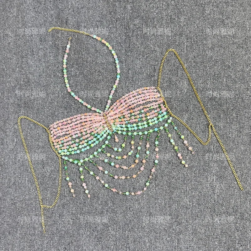 New Women's Sexy Hottie Body Chain Corset Gradient Beaded Jewelry Hot Rave Beach Beaded Neck Outfit Top