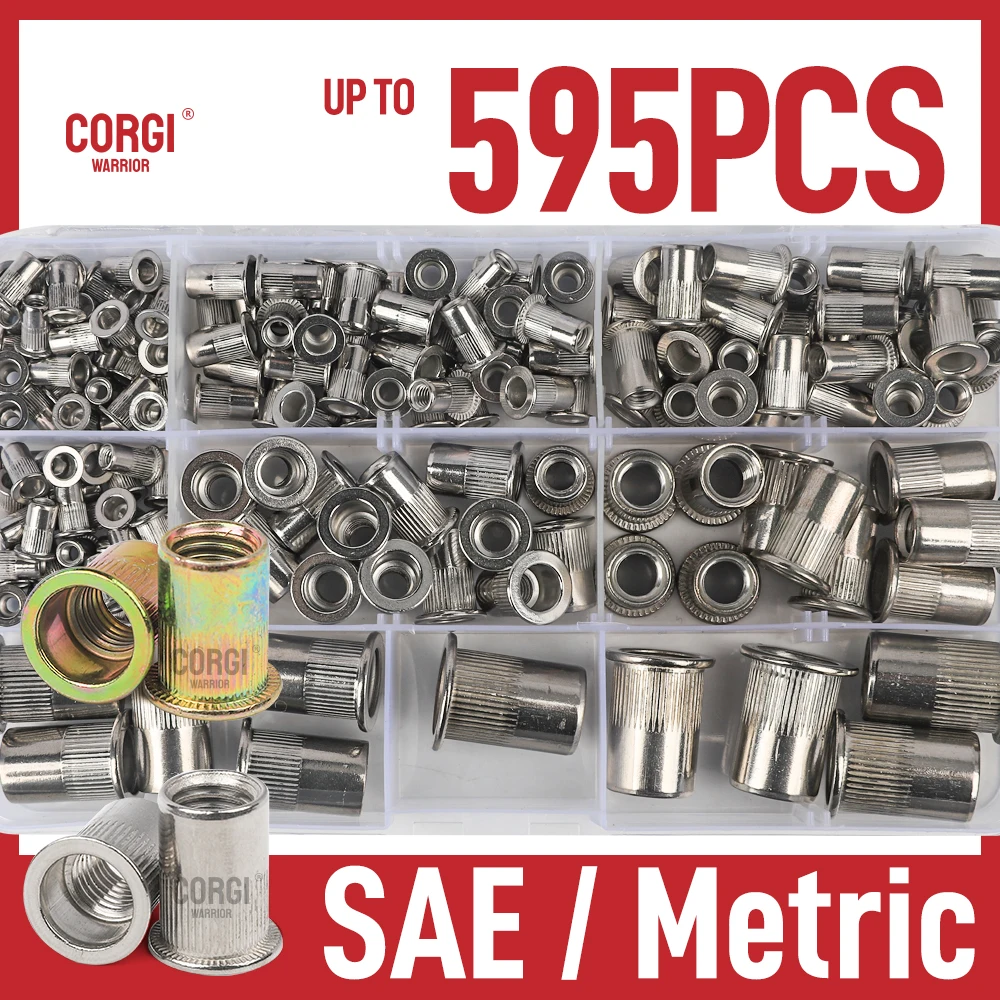 Metric/SAE Pieces Rivet Nut Assortment M3 To M12 10-24 1/4-20 5/16-18 3/8-16 77-595 Flat Head Pieces Zinc Carbon/stainless Steel