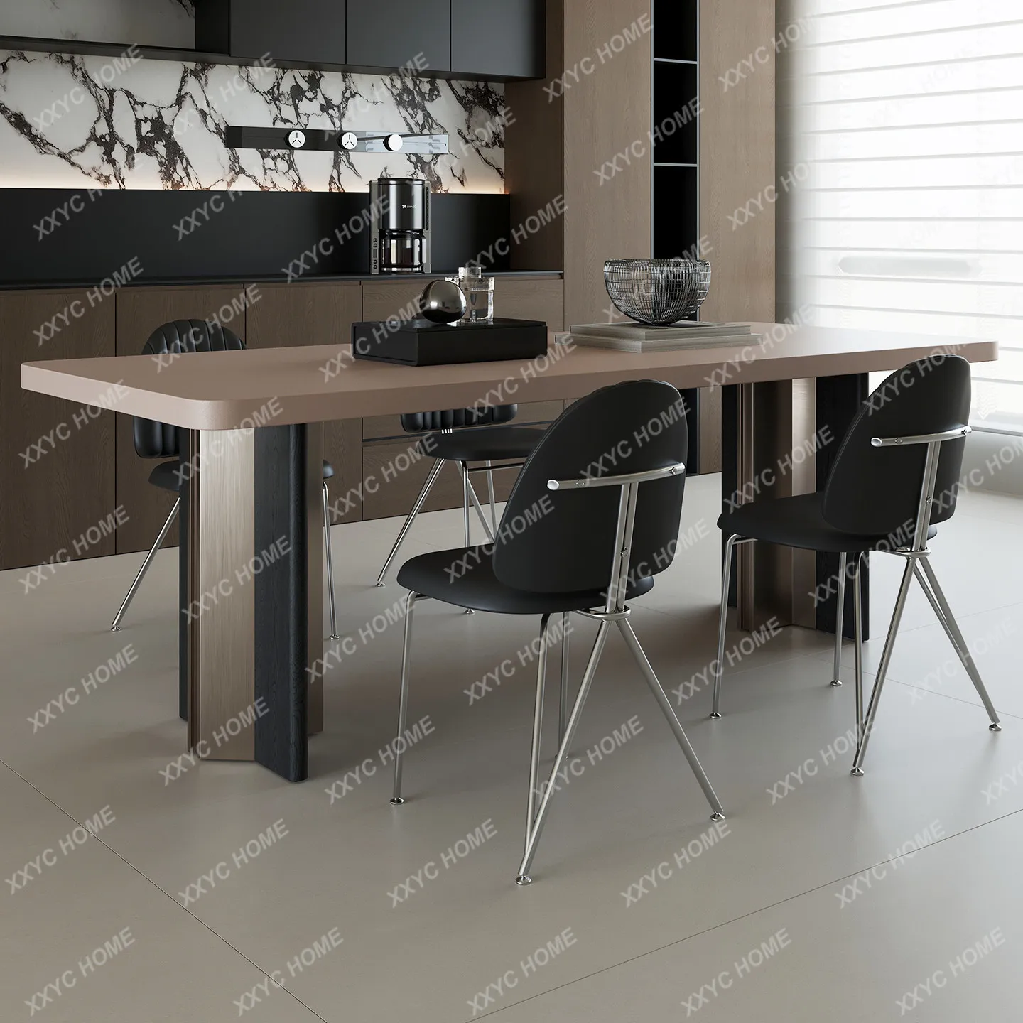 Minimalist dining table and chair combination: rectangular, modern, minimalist, light luxury, and high-end stainless
