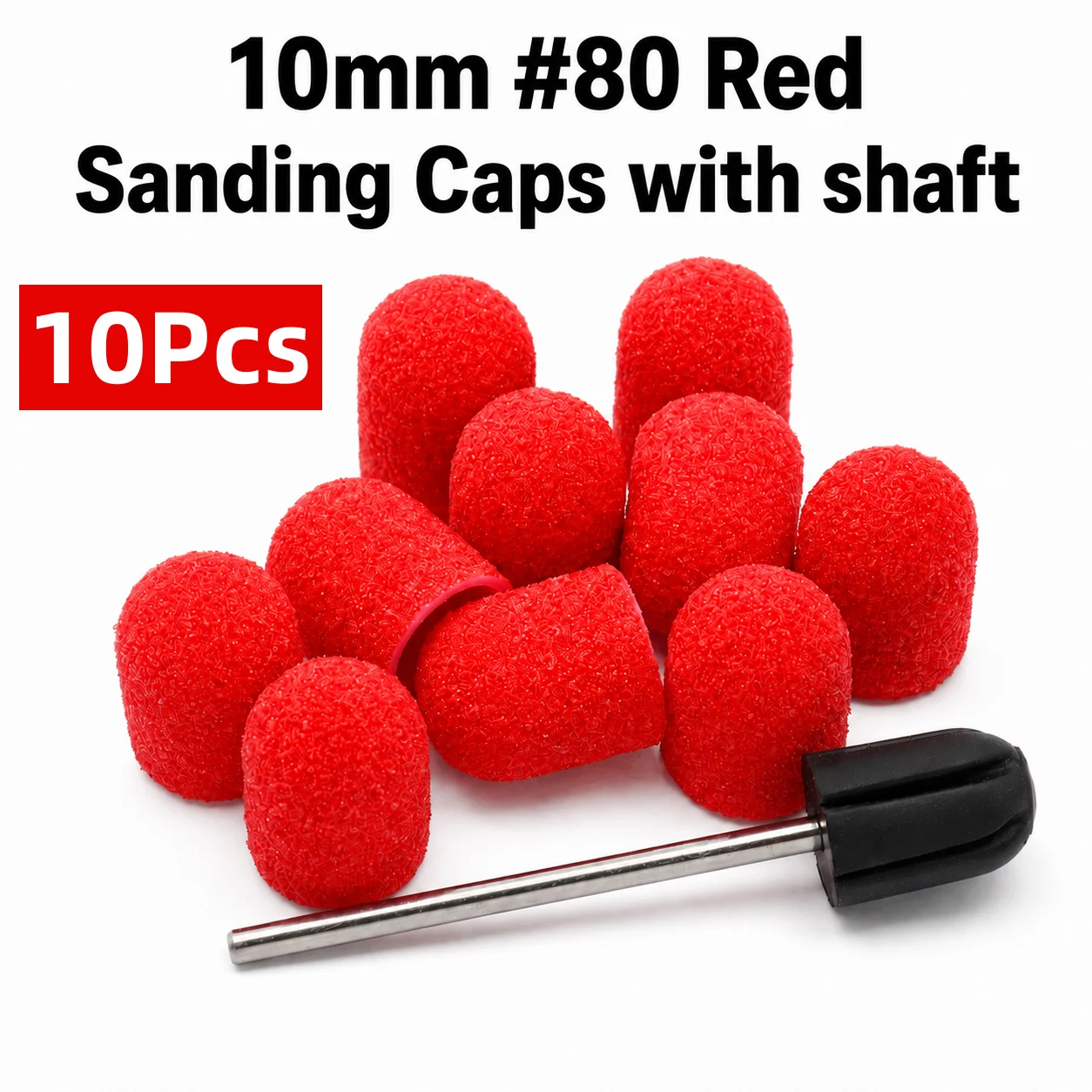 10pcs 10mm Red Brown Sanding Caps with Mandrel, Coarse Nail Drill Bits Abrasive Bands for Electric Nail File Manicure Pedicure
