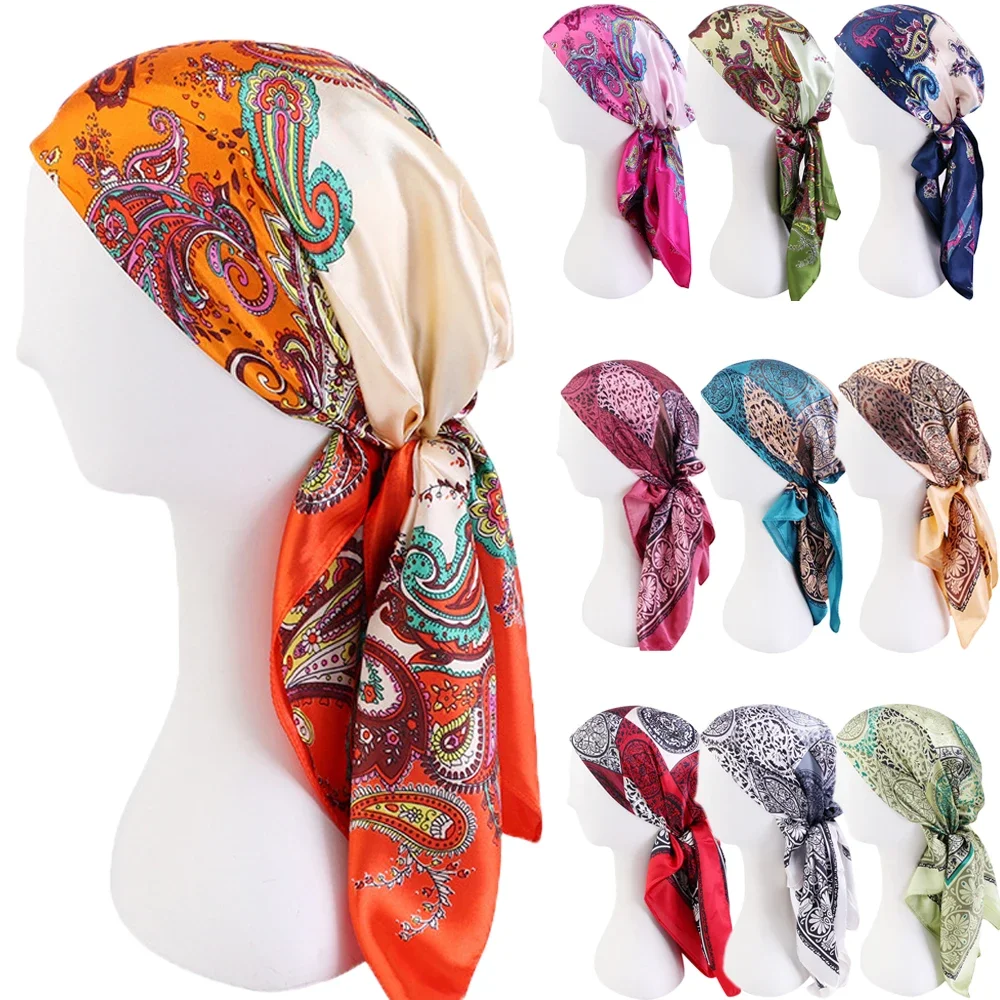 90*90cm Square Silk Scarf Women Hijab Flowers Foulard Soft Satin Shawl Kerchief Female Wrap Neck Bandana Headscarf Beach Pareo