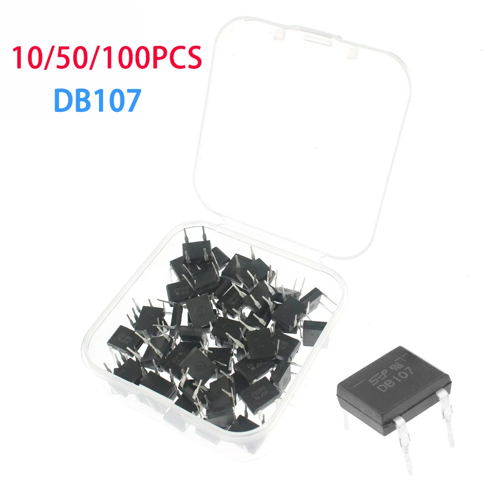 10-100PCS DB107 DIP-4 Retificador em Ponte 1A 1000V Monofásico, Kit de Componentes Eletrônicos com Caixa de Embalagem
