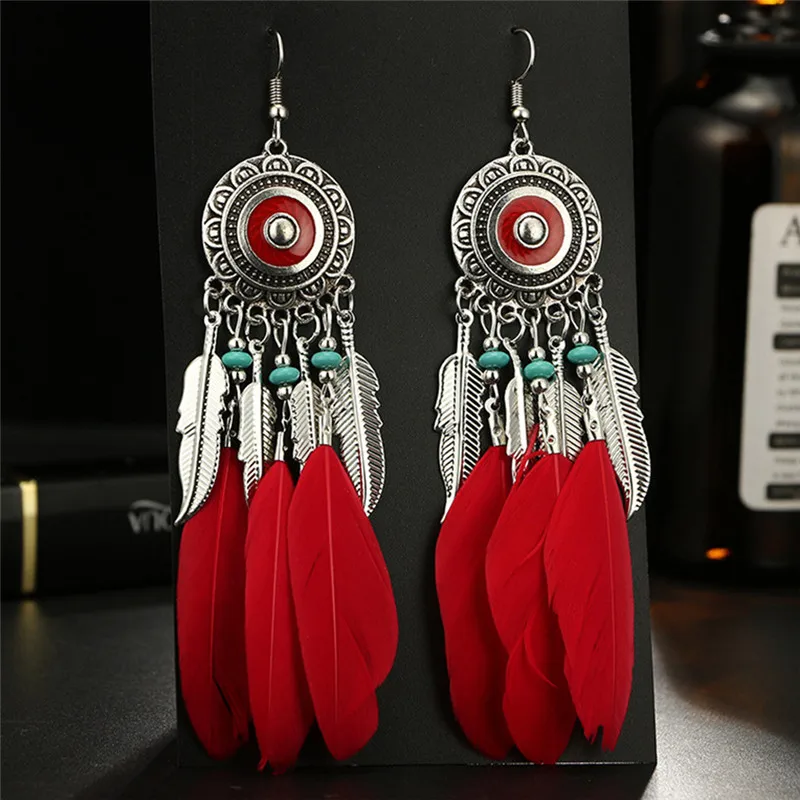 Bohemian Retro Long Feather Dangle Earrings For Women Beach Alloy Tassel Drop Earrings Wedding Bride Indian Jewelry Pendientes