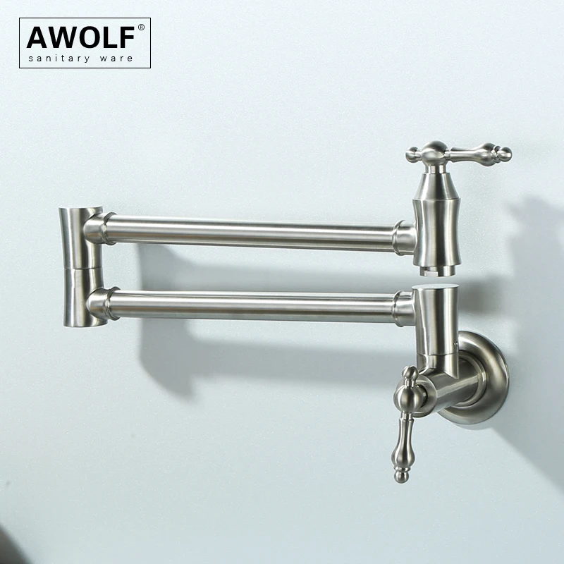 Awolf Kitchen Faucet Brushed Nickel Folding Pot Filler Solid Brass Wall Mounted Tap 360 Degree Rotation Spout Single Hole FW002