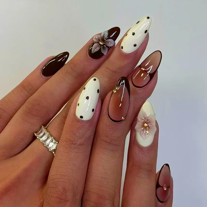 24pcs Finished Almond Press on Nails Art Reusable Sweet Flower Pink Long False Nail Sets with Shell Pearl Design Fake Nails Tips view 4