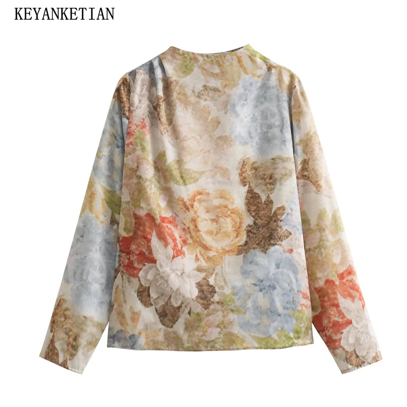 KEYANKETIAN Autumn New Women\'s Floral Print Pullover Shirt Holiday wind Pleats Decoration O-Neck Loose Blouses Chemise Crop Top