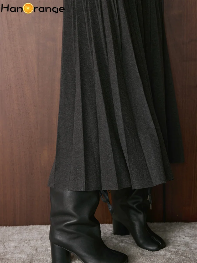 Rok Panjang Wanita HanOrange 2025 Musim Dingin Retro High Waist Model Lipit Longgar A-line Hitam/Abu-abu Tua/Cokelat