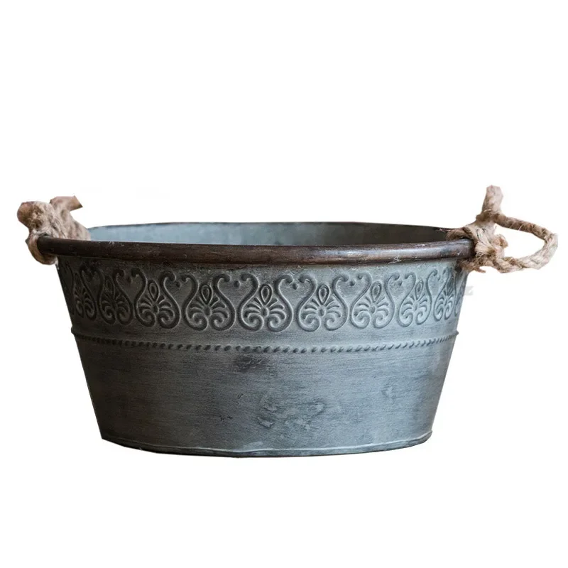 Iron Basin Storage, American Countryside Vintage Bucket, Round Storage with Hemp Rope Handle, Decorative Flowerpot