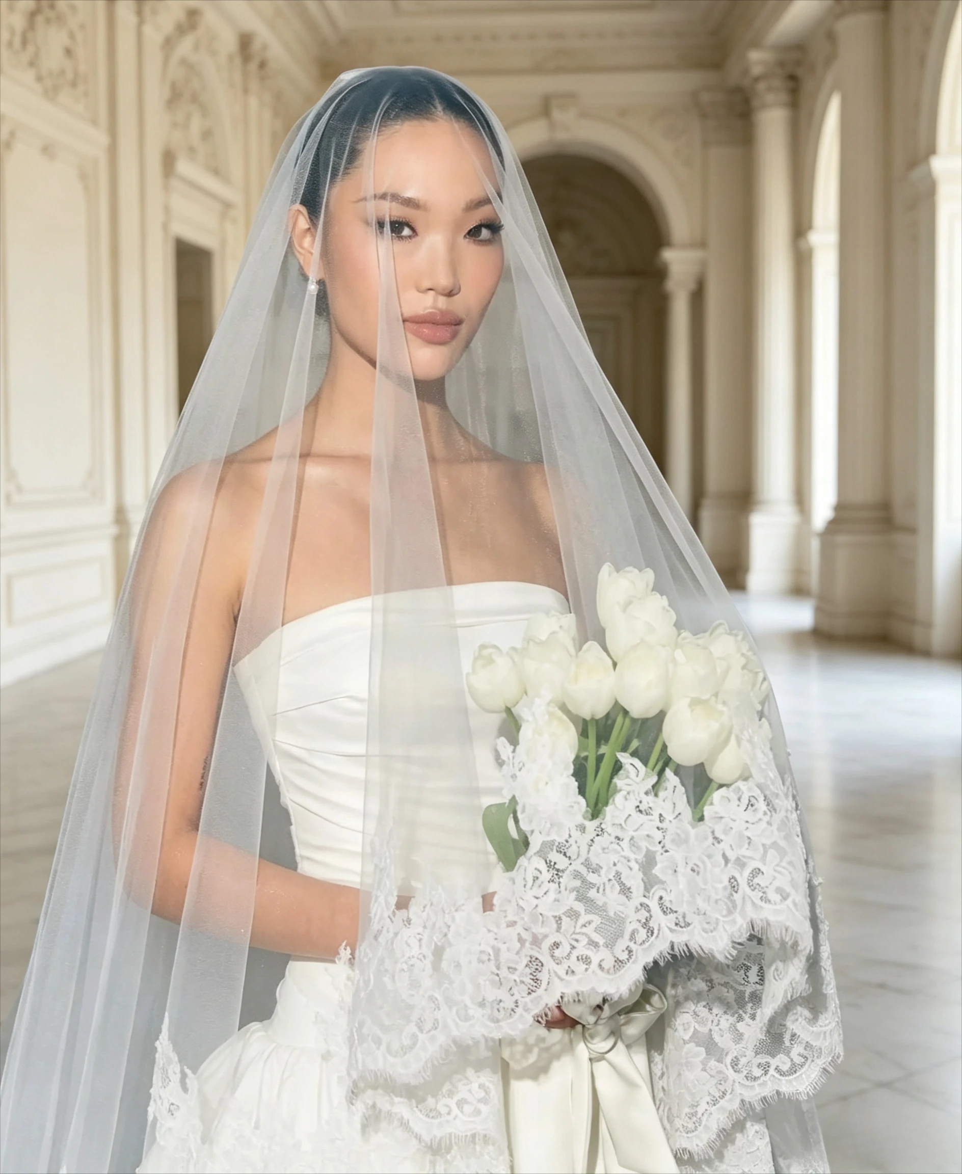 Cathedral Wedding Veil Eyelash Lace Bridal Veil Chantille Lace Two Tier Scalloped Soft Tulle Mantilla Eyelashes With Lace Edge