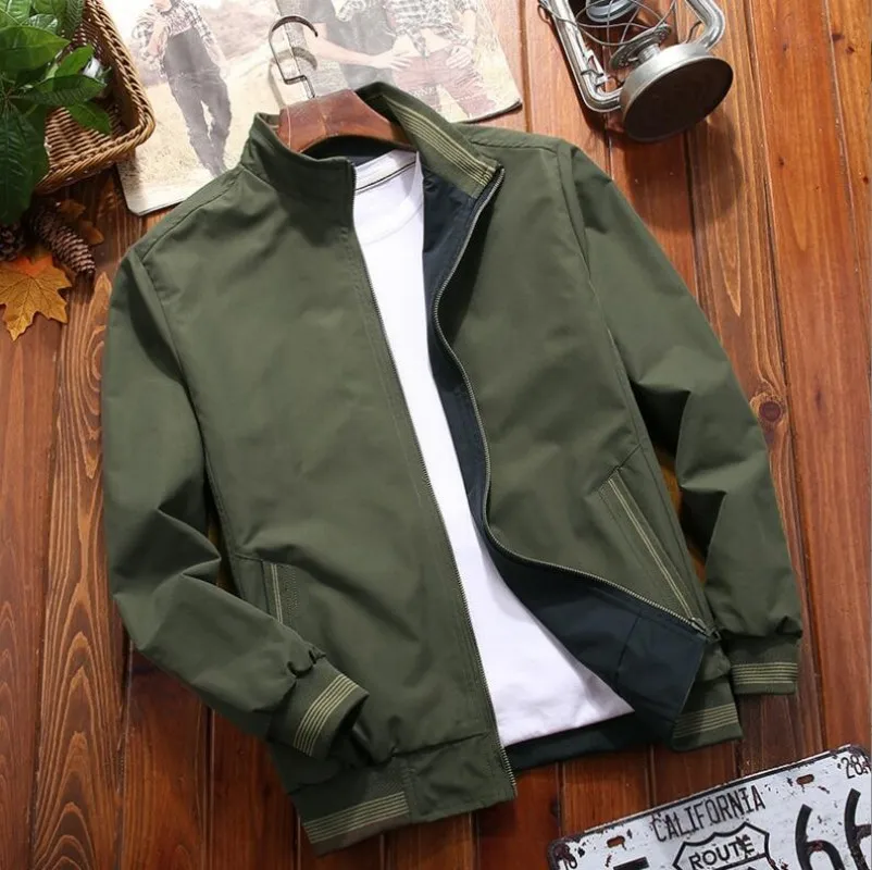 

Men's Windbreaker Double-sided Wear Jackets Men Baseball Stand Collar Jacket Hop Streetwear Coat Solid Color Casual Jacket