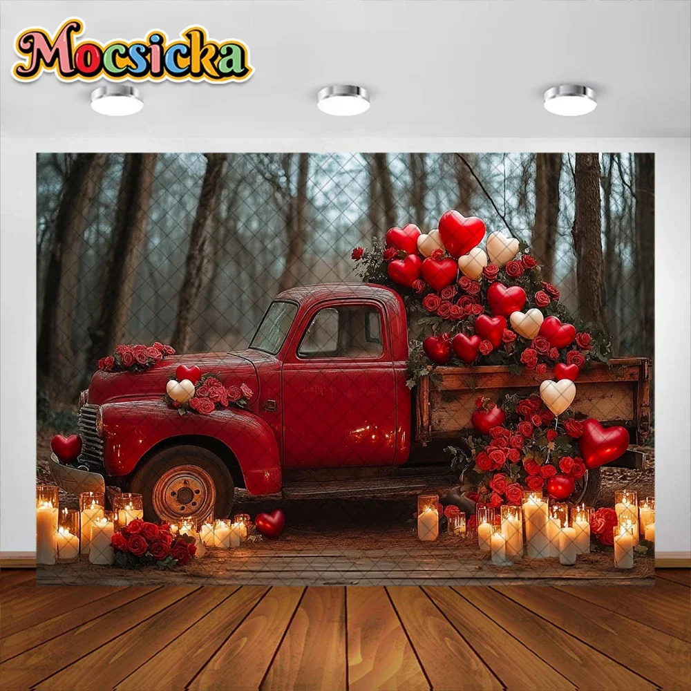발렌타인 데이 사진 배경 레드 러브 트럭 꽃 장식 배경, 베이비 샤워 소녀 초상화 사진 스튜디오 소품