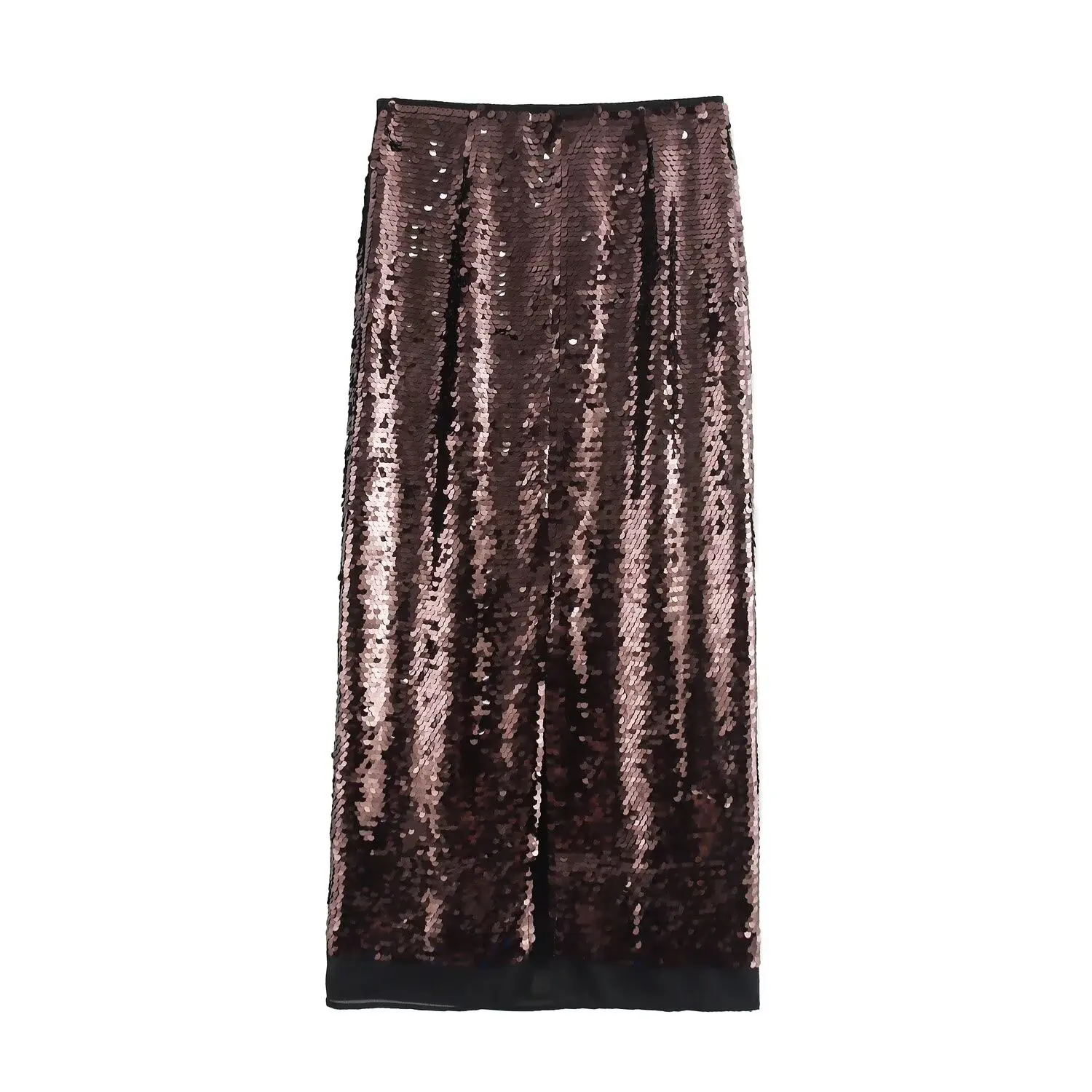 DUOPERI Women Fashion Y2K With Sequined Brown Midi Skirt Mid Waist Straight Female Chic Lady Skirts