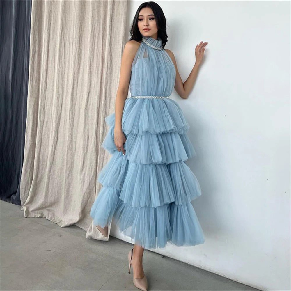 

Tarot Princess Halter Tulle Prom Dresses Sleeveless Tiered Beading A Line Birthday Party Dress Tea Length فساتين حفلة موسيقية