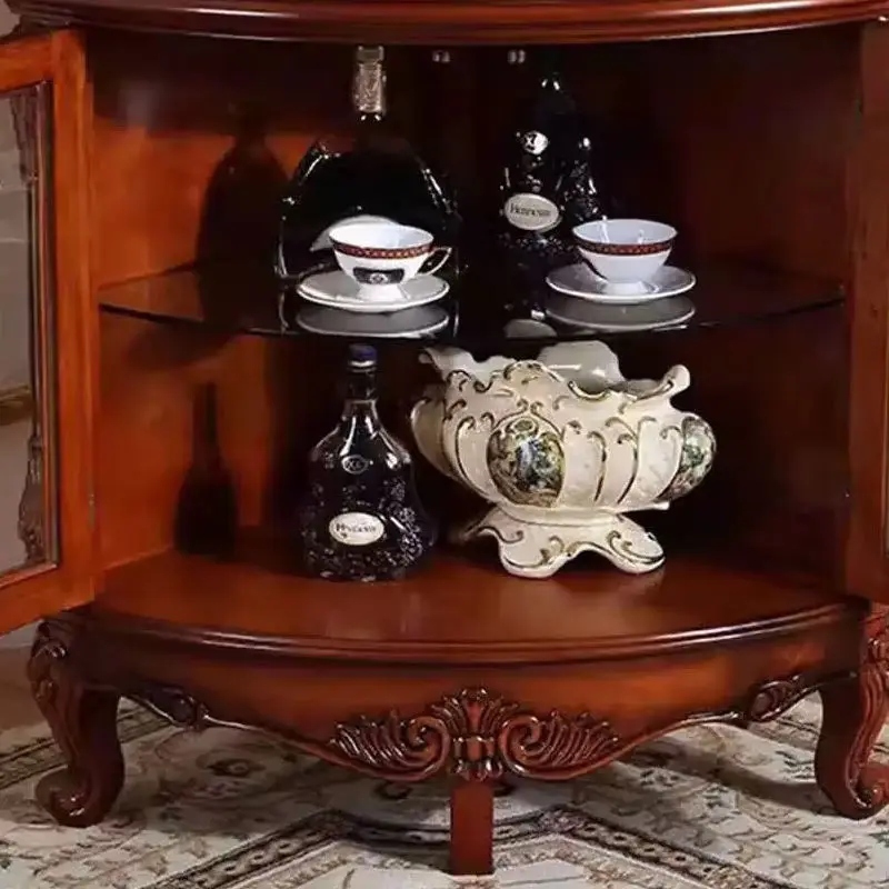 خزانة زاوية من الخشب الصلب الأمريكي، غرفة معيشة مثلثة، باب زجاجي منحني عتيق، النبيذ الأوروبي #5