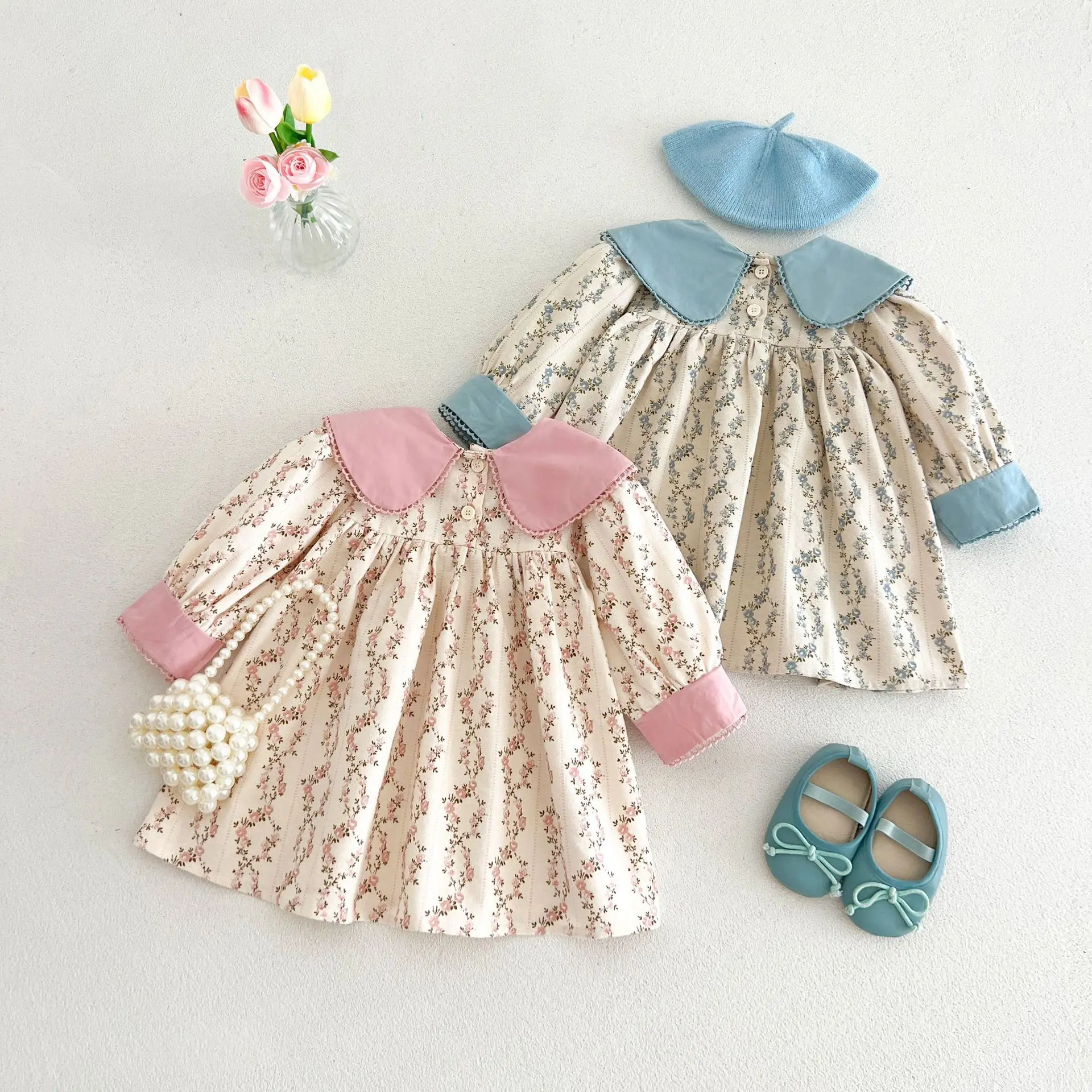 Girls Floral Dress 2026 Spring Fall | Contrast Big Lapel Long Sleeve Dress | Korean Princess Gown
