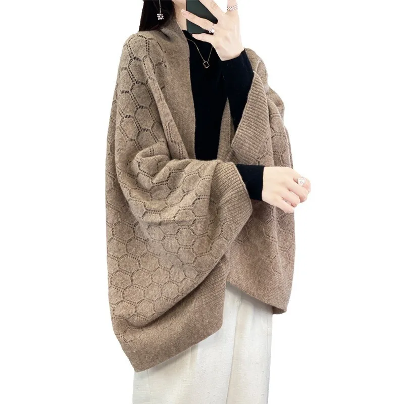 100% Merino Wool Loose Scarf Elegant Casual Fashion Shawls Cardigan Sweater Soft Warm Wollen Hollow Out Poncho Jacket Girl