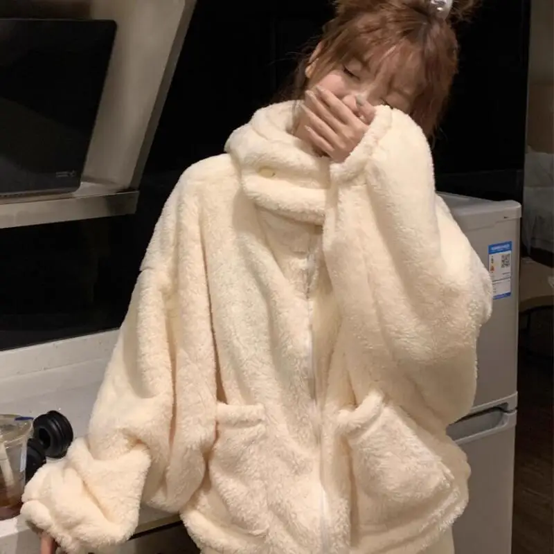 

Женская пижама, комплект домашней одежды, утолщенная фланель с капюшоном, пижама из кораллового флиса, милая домашняя одежда для девочек, одежда для сна, осень-зима