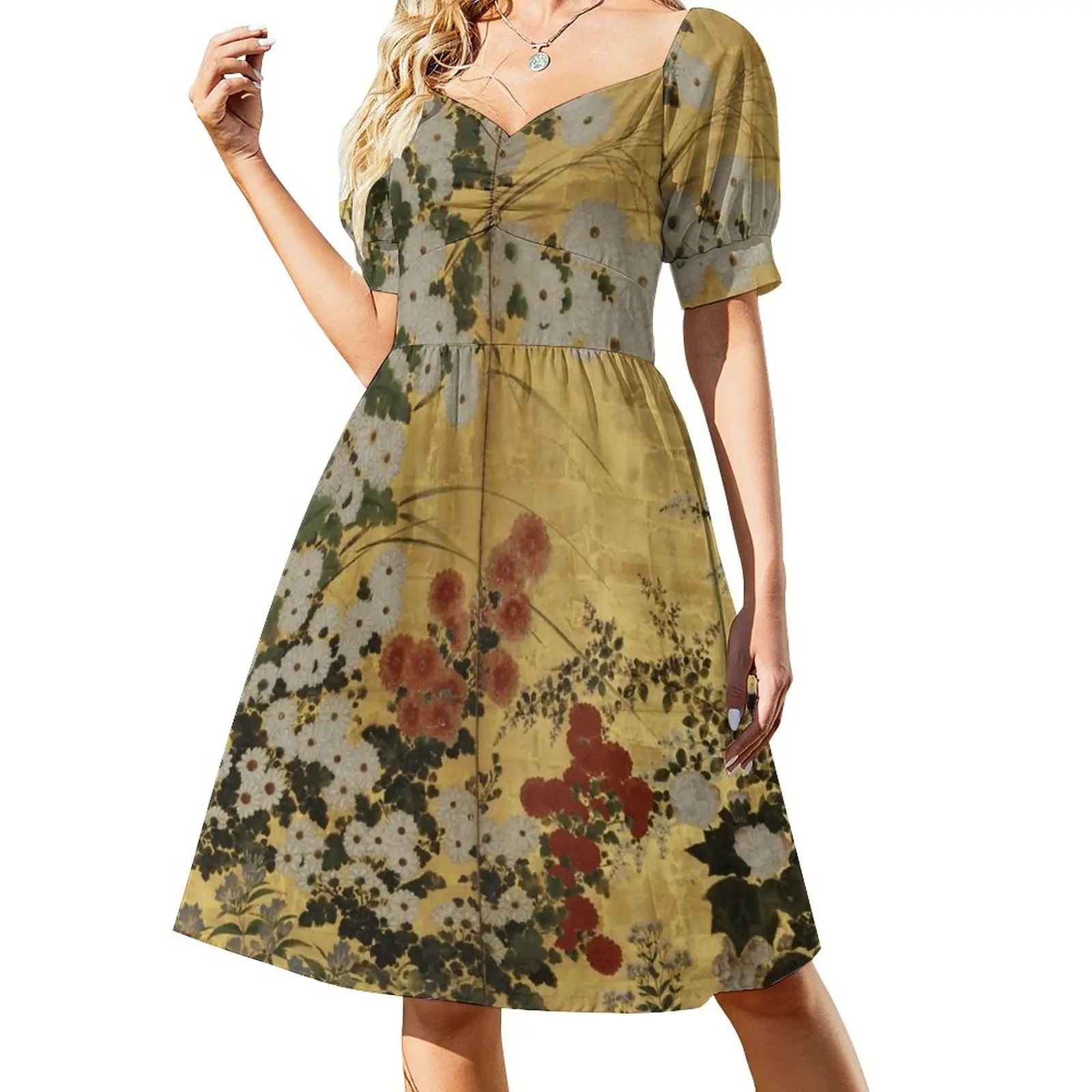 

White Red Chrysanthemums Floral Japanese Gold Screen Print Dress Dress for girls prom dresses