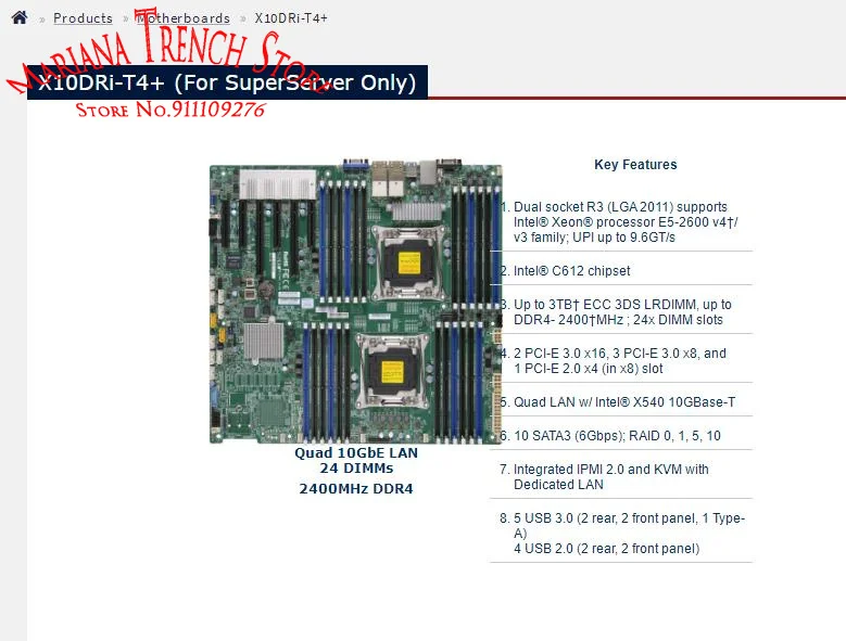 X10DRi-T4+ for Supermicro Motherboard LGA2011 E5-2600 v4/v3 Family DDR4 Quad LAN W/ Intel? X540 10GBase-T