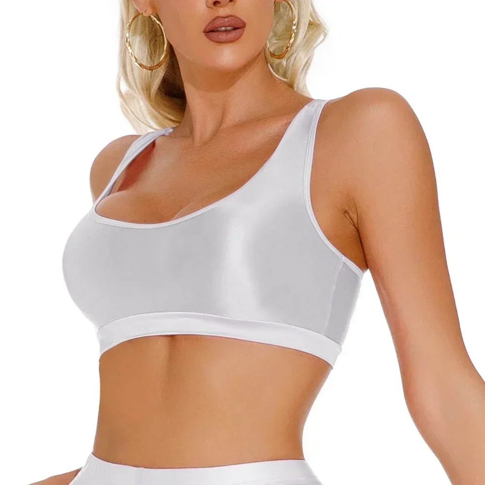 Sexy Crop Top Women Women Glossy See-through Vest Yoga T-Shirts Gym Sports Bra U Neck Tank Tops Transparent Blouse