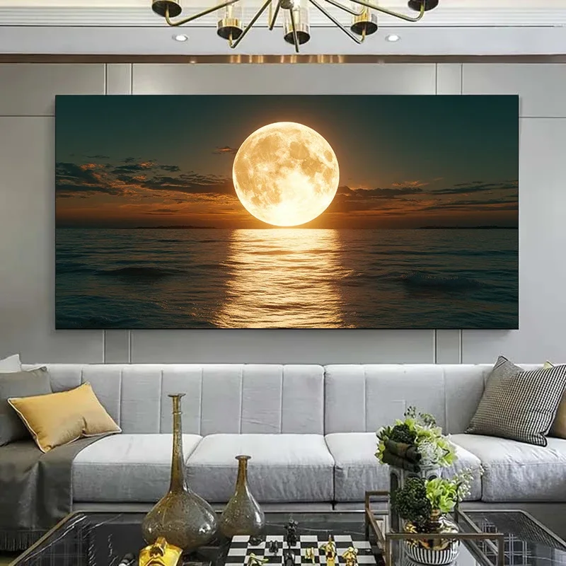 Paysage marin tranquille avec pleine lune et eaux calmes, décor de salon et de chambre à coucher, maçonnerie de la maison, décor de salle de bain, chambre, sans cadre
