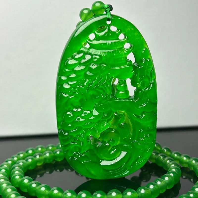 

Certified Natural High Ice Jade Jadeite Green Hollow outPendant&NecklacesHollow Landscape