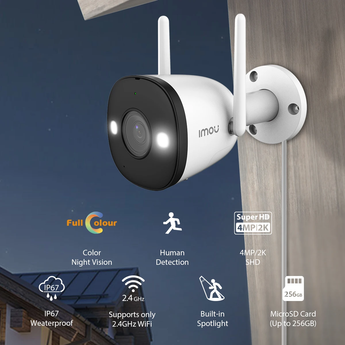 IMOU  Bullet 2E 1080P/4MP WiFi Outdoor camera IP67 Weatherproof Full Color Night Vision Home Security Human Detection