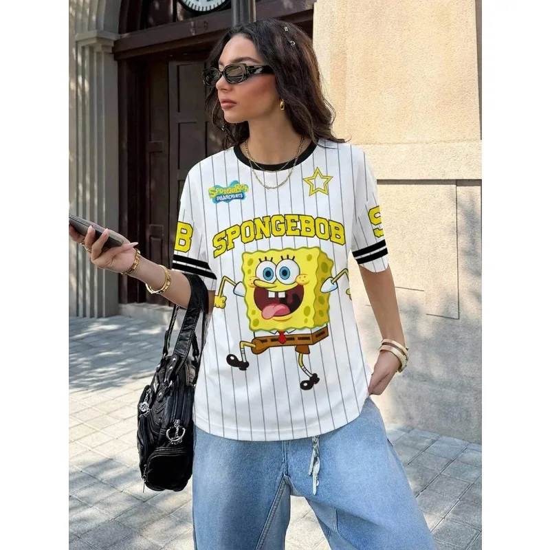 Popular Style Vertical Striped Cartoon Sponge Baby Short T Baseball Style Contrasting Ribbed Collar Loose Half Sleeved Top