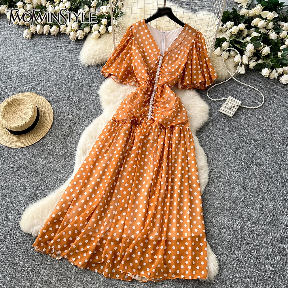 

TWOTWINSTYLE Slimming Printing Elegant Dresses For Women V Neck Half Sleeve High Waist Temperament Dress Female New KDR545372