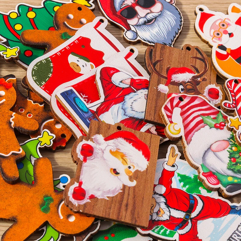 Tusember 10 Stück Weihnachtsanhänger aus Holz, Weihnachtsbaum, Weihnachtsmann, Zwerg, Schneemann, Anhänger für Schmuckherstellung, Ohrringe, Halsketten, DIY – Detail 1