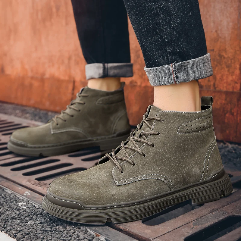 Golden Sapling Retro Men's Boots Leisure Work Shoes Genuine Leather Ankle Boot for Men Platform Flats Tactical Military Footwear