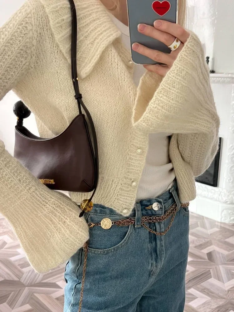 2024fashion Lapel Flare Long Sleeves Sweater Sweet Girl Solid Single Breasted Knitted Cardigan Fall Winter Chic Lady Street Wear