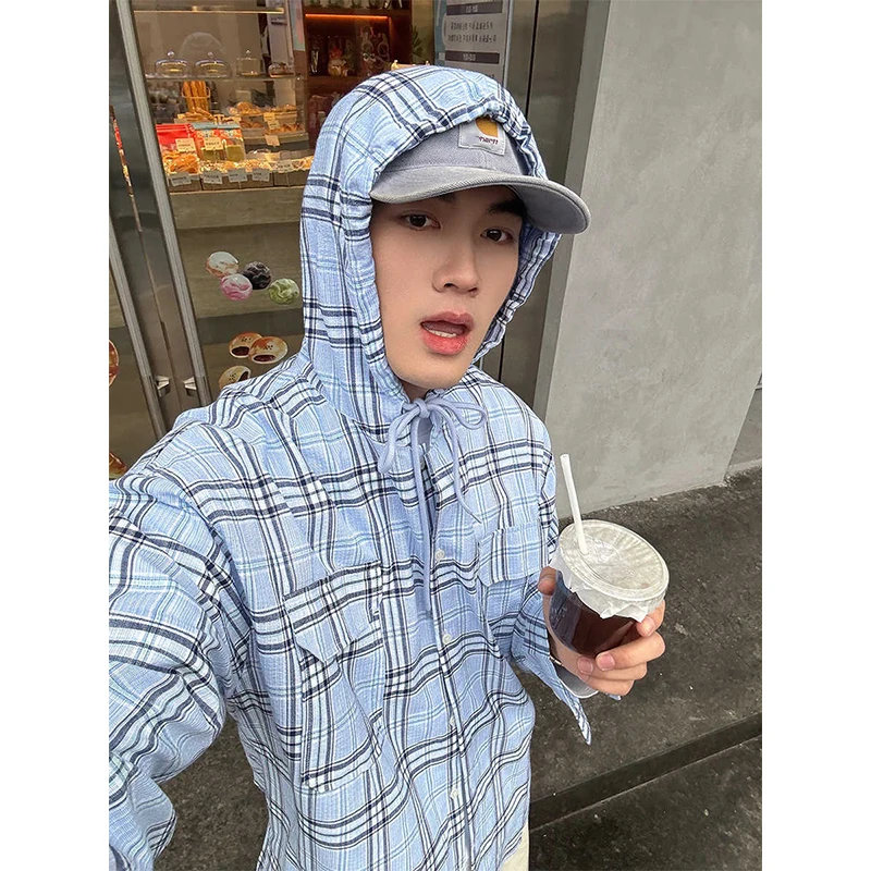 

American Style Long Sleeve Hooded Plaid Shirt Casual Loose Spring Autumn Men's Checkered Shirt Open Cardigan Sun Protection O...