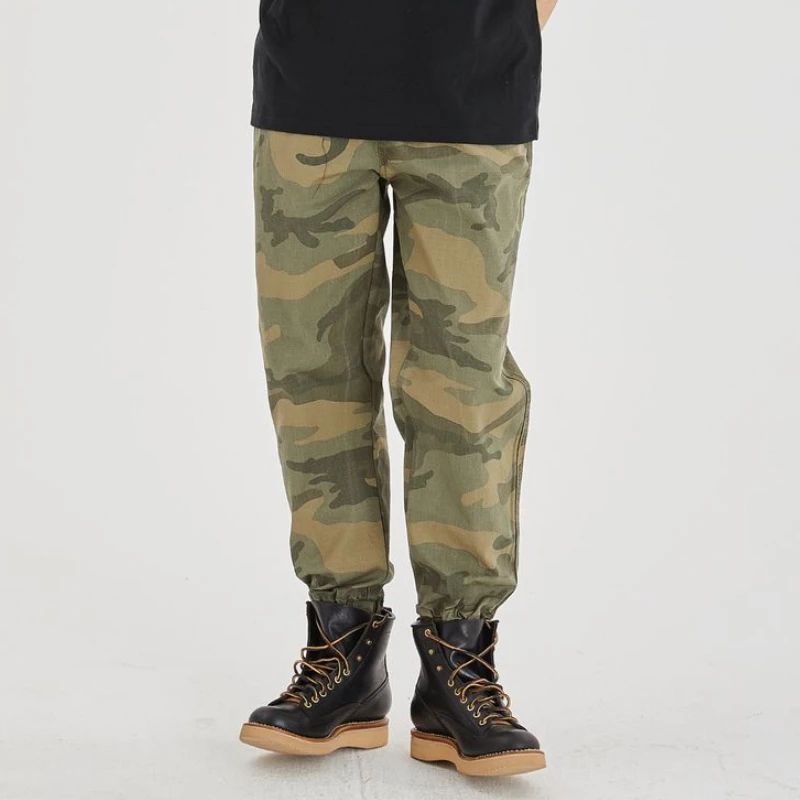 

Fall Outdoor Camouflage Pants For Men Cotton Casual Loose Cargo Washed Vintage Distressed Drawstring Tie Feet Trousers