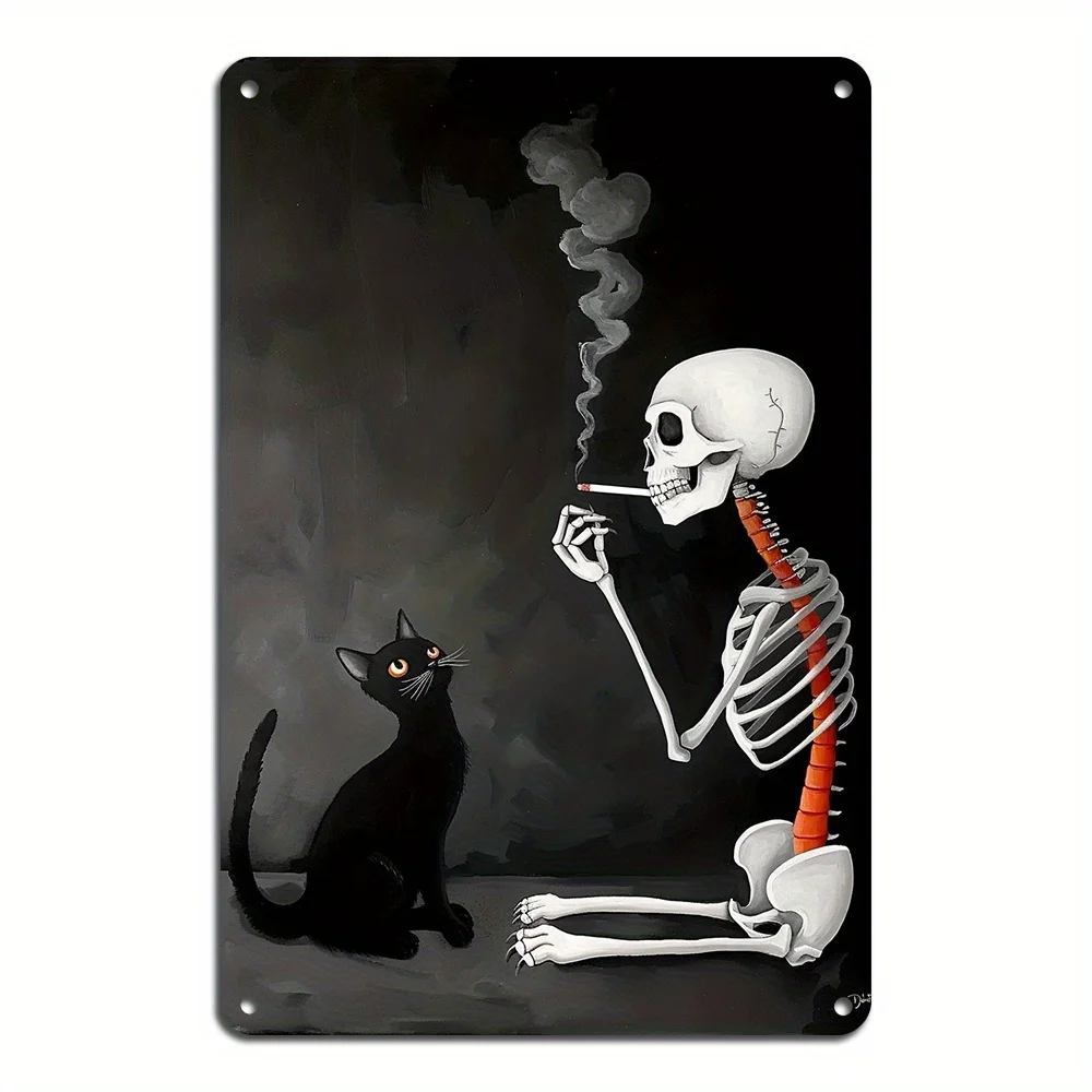 Arte de pared de Metal con calaveras y gatos, hierro, Vintage, blanco y negro, decorativo, con agujeros para fácil colgar, adecuado para el hogar y la Oficina, 1 ud.