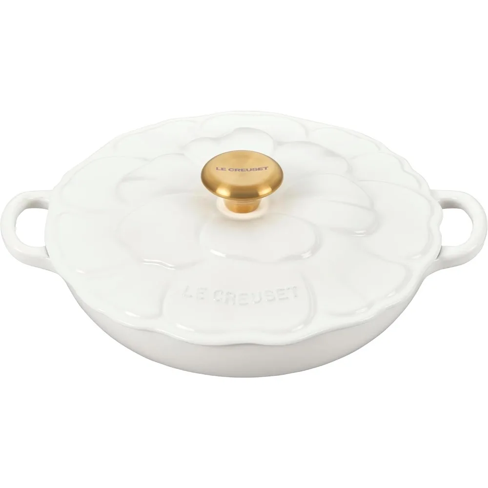 Enameled Cast Iron Petal Braiser, 2.25qt., White w/Gold Knob