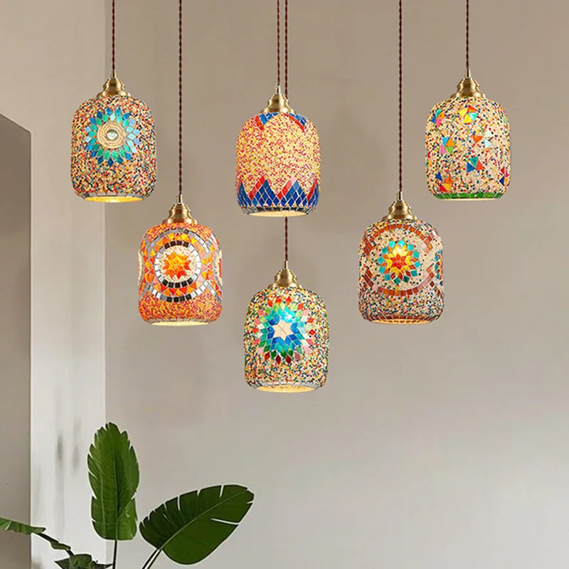 Creativity Mosaic Mediterranean Style Pendant Lamp Colorful Glass Homestay Restaurant Room Decoration Warm LED Chandeliers