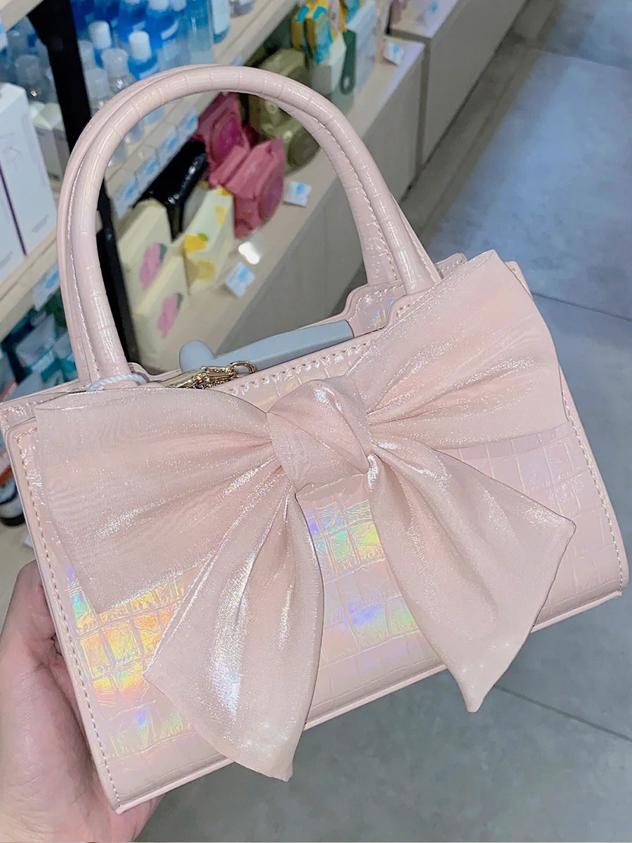 Fashion Casual Handbags For Women Girls Cute Bow White Pink PU Leather Tote Bags Trendy Daily Square Shoulder Underarm Bags