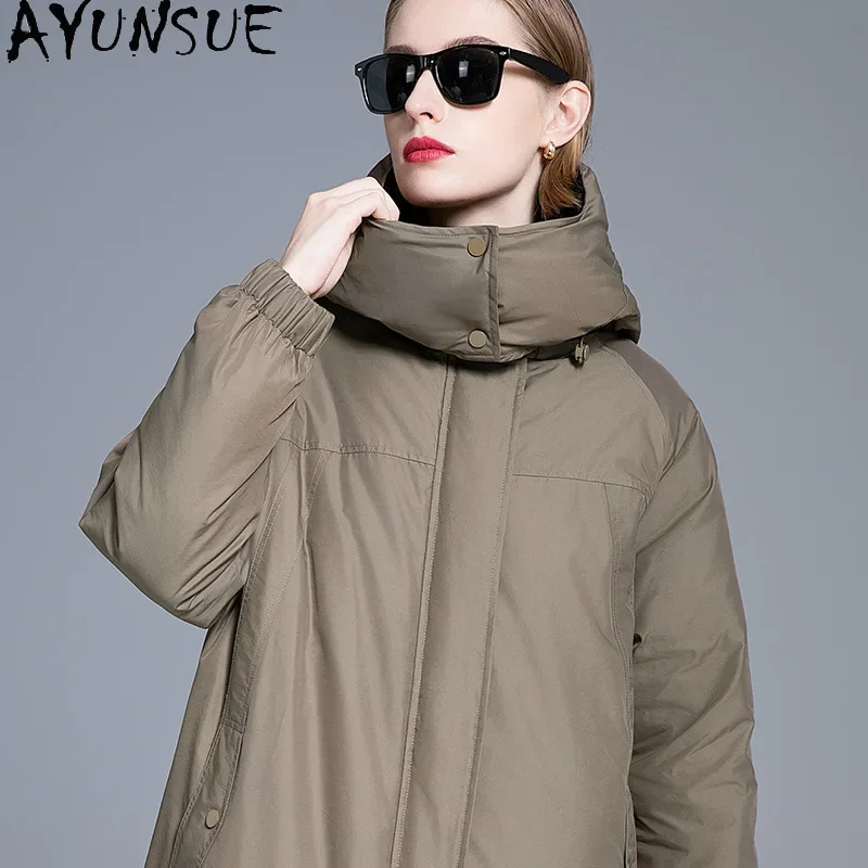 AYUNSUE White Duck Down Puffer Jacket Women Clothing 2024 Long Down Coats New in Outerwears Winter Windproof and Warm Coat Парки