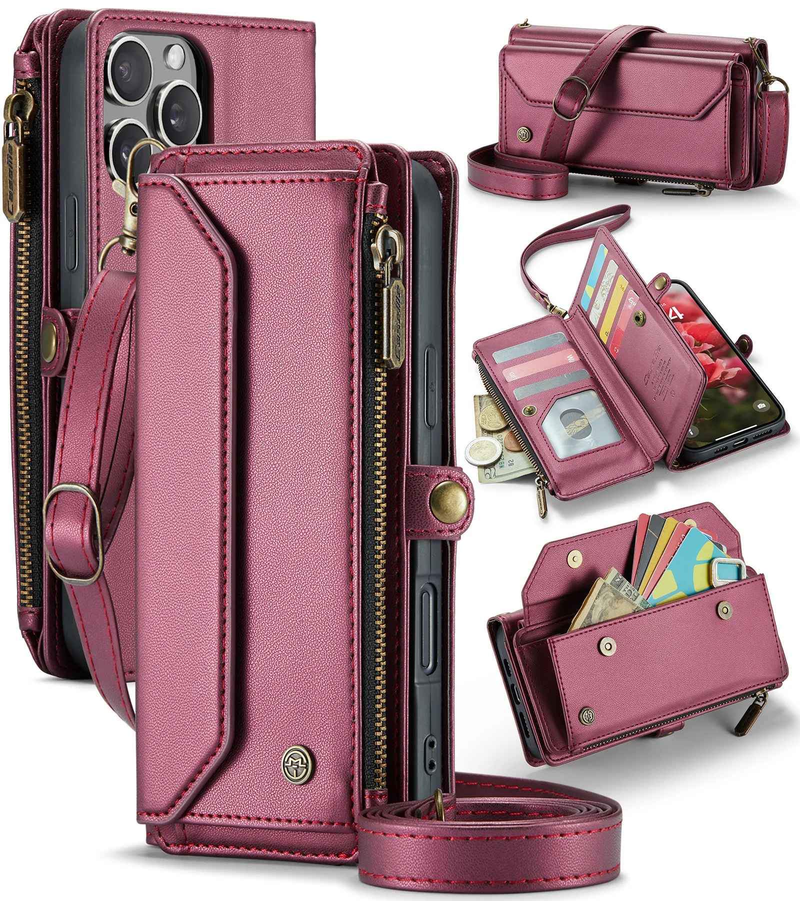 

Кожаный чехол с магнитной застежкой-молнией и подставкой для нескольких карт для iPhone 16 Pro Max 15 Plus 14 13 Mini 12 11 SE 2 X XS XR 8 7 6s