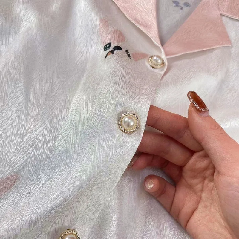 Spring Autumn Pajamas Women Ice Silk Long Sleeve Cardigan Homewear Suit Female Loose Comfortable Thin Breathable Nightclothes