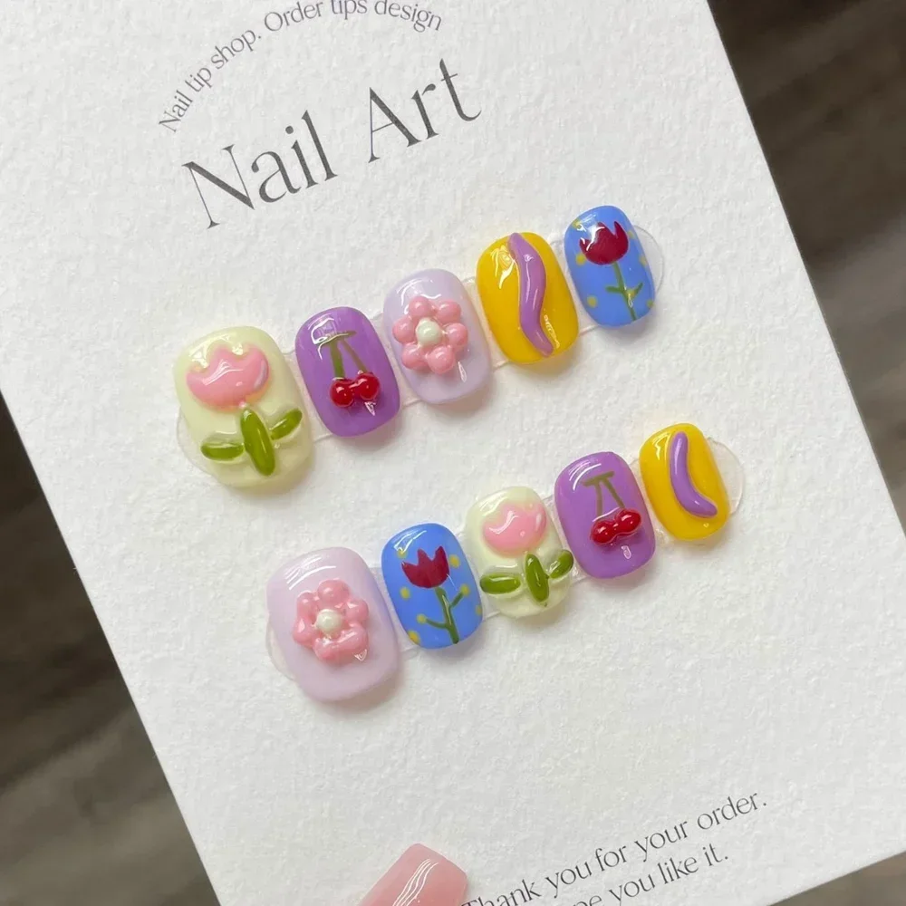 Handmade Short Kawaii Press on Nail with Design Japanese Cute Reusable Fake Nails with Glue Acrylic Nail Art Tip for Girls