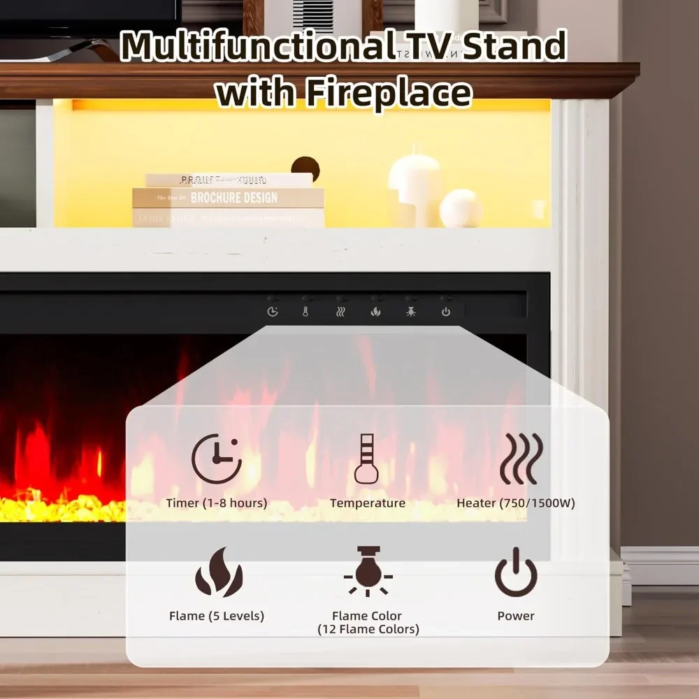 Suporte de TV de mídia moderno de 58" com lareiras de 52" Armários de armazenamento para centro de entretenimento com luz LED para casa