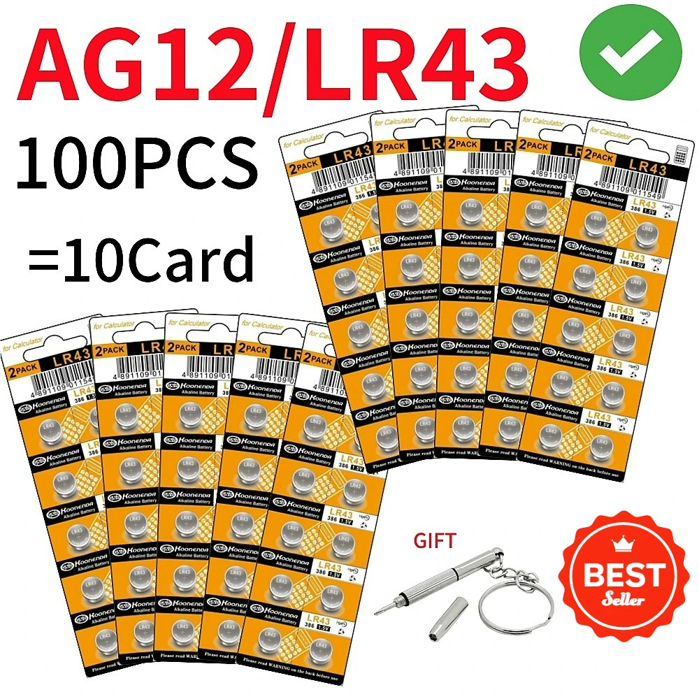 

100PCS 1.55V AG12 LR43 100mAh Button Cell SR43 386 LR1142 V12GA AG 12 SR43W SR1142 Coin Cell Watch Toys Remote Battery